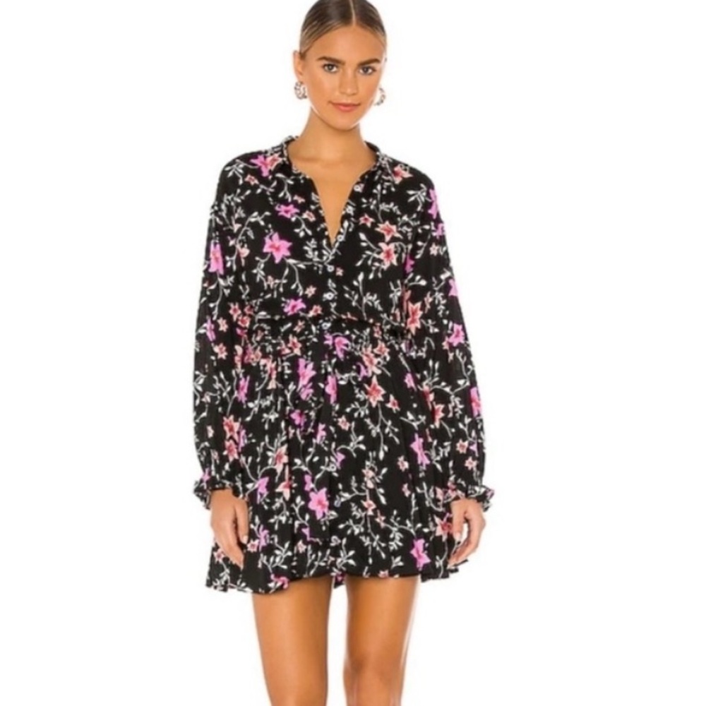 Free People Lighten Up Mini Dress Black Floral Combo Long Sleeves Tie Waist